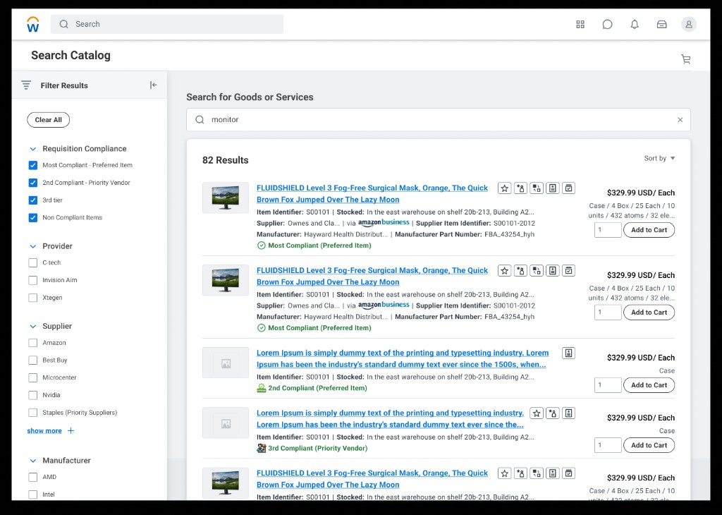 Catalog search with compliance-ranked results and tier badges
